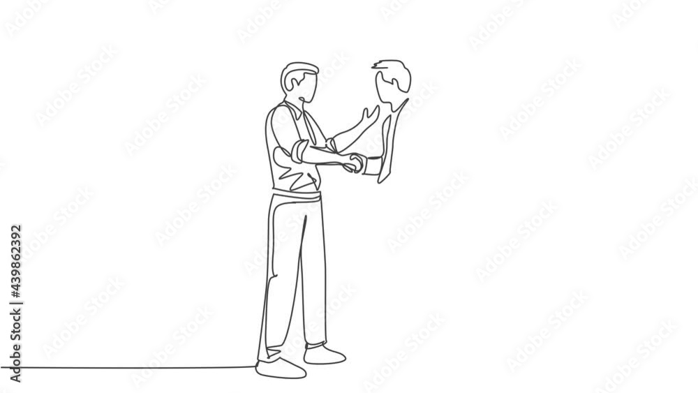 Self drawing animation of single line draw businessmen handshaking his business partner after their project goal. Great teamwork. Business deal concept continuous line draw style illustration. Self drawing animation of single line draw businessmen handshaking his business partner after their project goal. Great teamwork. Business deal concept continuous line draw style illustration.
