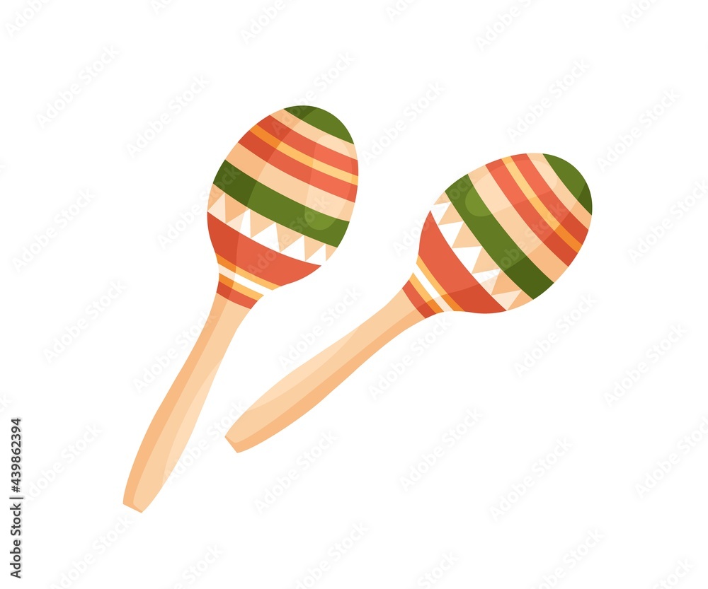 Traditional Latin maracas. Folk Mexican rattle music instrument with bright  striped balls and wooden handles. Hispanic rumba shakers. Colored flat  vector illustration isolated on white background Stock Vector | Adobe Stock