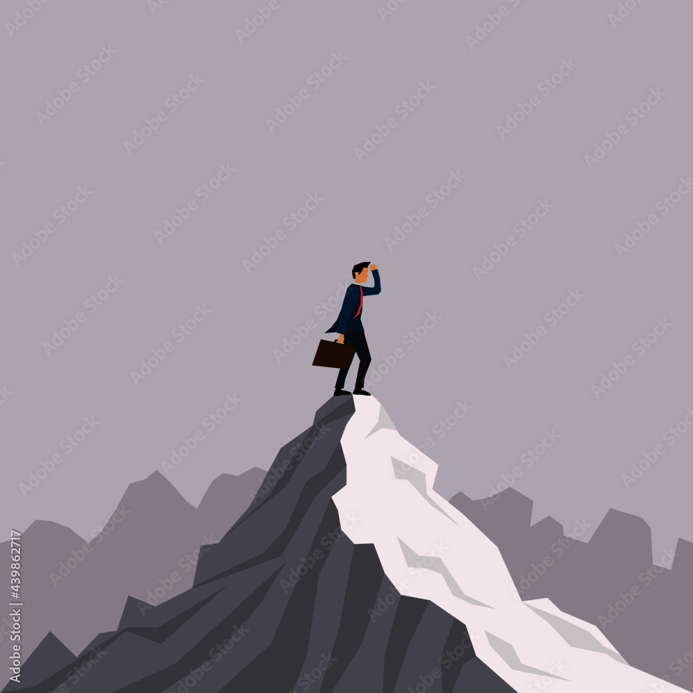 Vector of a business man on top of a mountain peak pondering where to go
