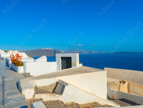 Greece Santorini Island In Cyclades, Wide view of islands sights in Fira white whitewashed colors photo