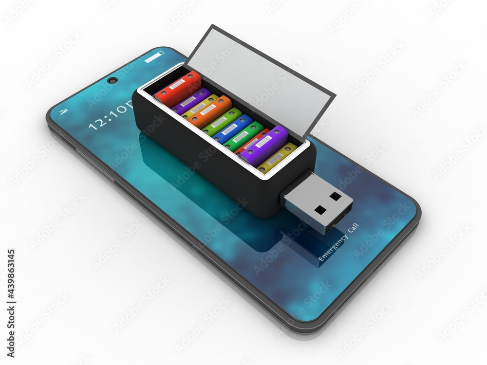 3d rendering office document Binder in pen drive with mobile phone 3d rendering office document Binder in pen drive with mobile phone