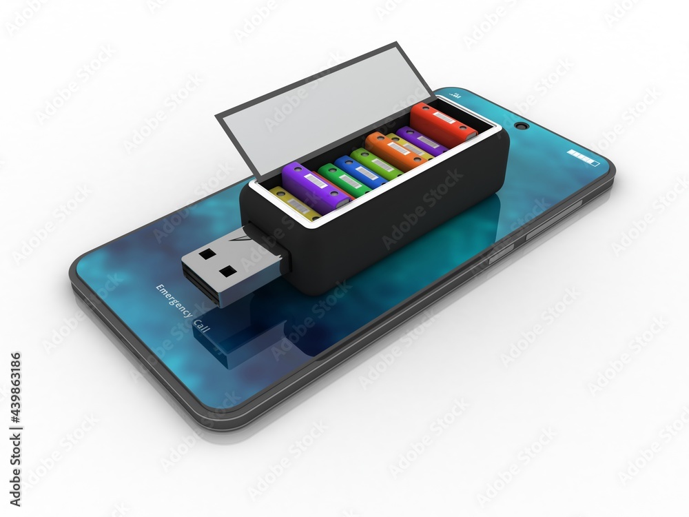 3d rendering office document Binder in pen drive with mobile phone 3d rendering office document Binder in pen drive with mobile phone