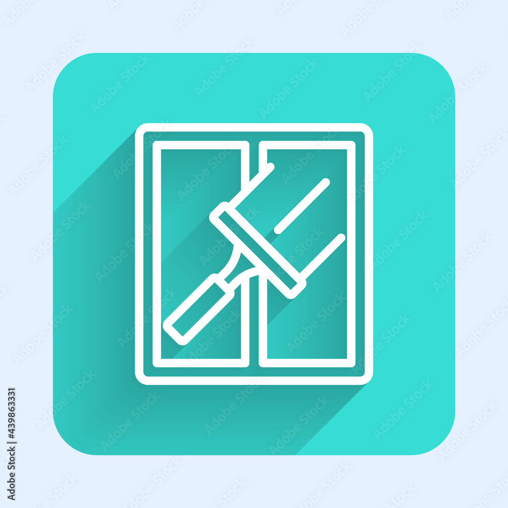 White line Cleaning service with of rubber cleaner for windows icon isolated with long shadow background. Squeegee, scraper, wiper. Green square button. Vector White line Cleaning service with of rubber cleaner for windows icon isolated with long shadow background. Squeegee, scraper, wiper. Green square button. Vector