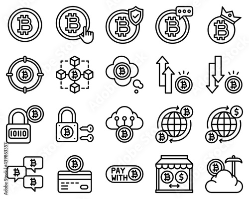 Bitcoin and Cryptocurrency related line icon set