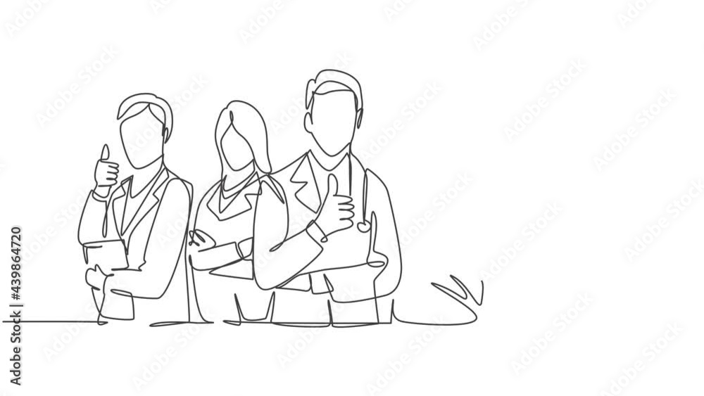 Animation of one line drawing of groups doctors giving thumbs up gesture for best healthcare service in hospital. Medical team work concept. Continuous line self drawing animated. Full length motion. Animation of one line drawing of groups doctors giving thumbs up gesture for best healthcare service in hospital. Medical team work concept. Continuous line self drawing animated. Full length motion.