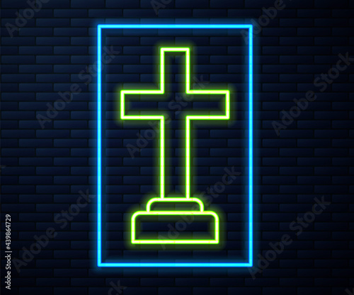 Glowing neon line Man graves funeral sorrow icon isolated on brick wall background. The emotion of grief, sadness, sorrow, death. Vector