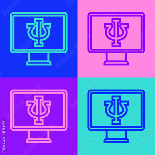 Pop art line Online psychological counseling distance icon isolated on color background. Psychotherapy, psychological help, psychiatrist online consulting. Vector