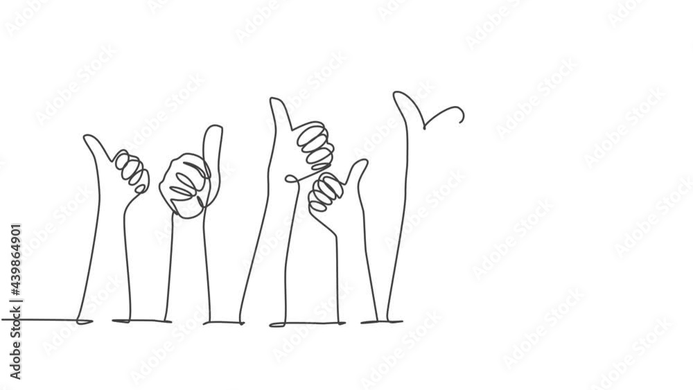 Animation of one line drawing of people arm hands raising with thumbs up gesture. Good service excellence in business sector sign concept. Continuous line self drawing animated. Full length motion. Animation of one line drawing of people arm hands raising with thumbs up gesture. Good service excellence in business sector sign concept. Continuous line self drawing animated. Full length motion.