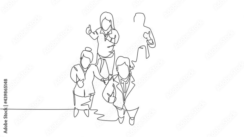 Animation of one line drawing of group of businessmen and businesswoman giving thumbs up gesture from top view. Meeting and teamwork concept. Continuous line self drawing animated. Full length motion.
