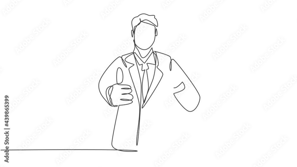 Animation of one line drawing of business man holding money paper stack and gives thumbs up gesture. Business success concept. Continuous line self drawing animated illustration. Full length motion. Animation of one line drawing of business man holding money paper stack and gives thumbs up gesture. Business success concept. Continuous line self drawing animated illustration. Full length motion.