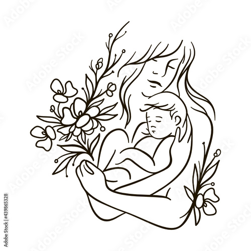 Mother and baby line art, Maternity, Mom and child, Floral mom, Female line drawing, Mother's day, Mom life 
