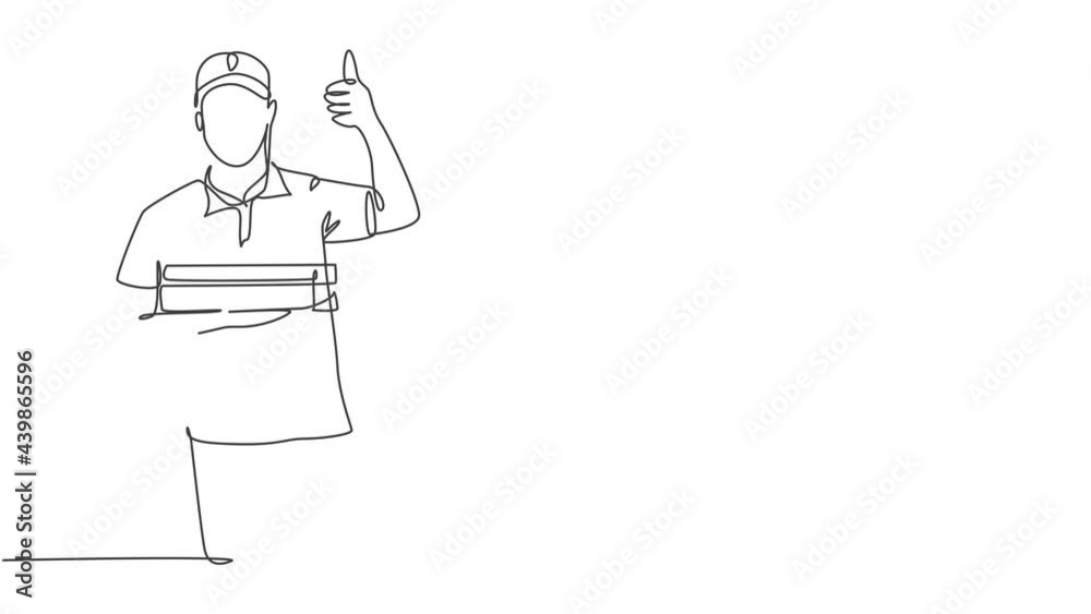 Animation of one line drawing of pizza delivery man gives thumbs up gesture before deliver package. Food delivery service business concept. Continuous line self drawing animated. Full length motion.