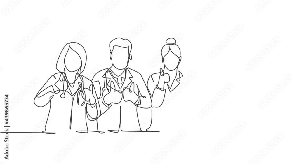 Animation of one line drawing of groups of male and female doctors giving thumbs up gesture as service excellence symbol. Team work concept. Continuous line self drawing animated. Full length motion. Animation of one line drawing of groups of male and female doctors giving thumbs up gesture as service excellence symbol. Team work concept. Continuous line self drawing animated. Full length motion.