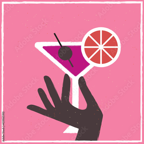  Poster hand and cocktail. Cocktail banner. Poster to the bar. Alcohol. Phone screensaver