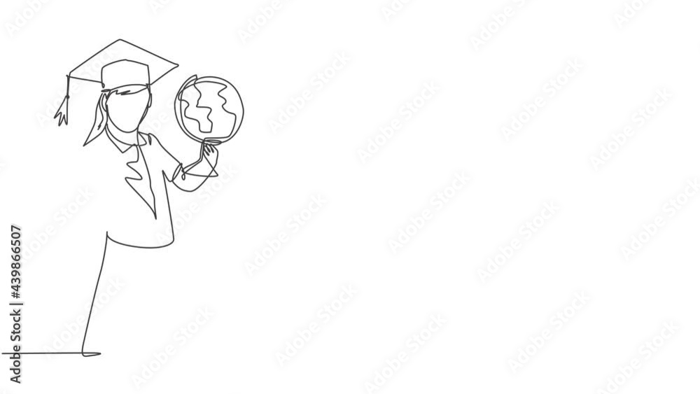 Animation of one line drawing of female student carrying a globe and wearing graduation hat and giving thumbs up gesture. Education concept. Continuous line self drawing animated. Full length motion.