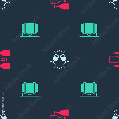 Set Bottles of wine, Wine tasting, degustation and Wooden barrel for on seamless pattern. Vector