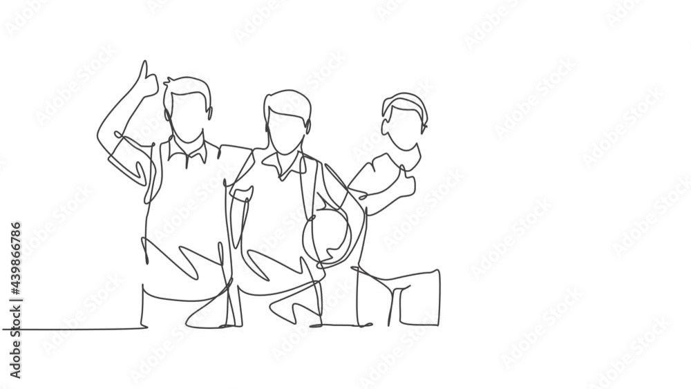 Animation of one line drawing group of happy boys from elementary school student carrying bags and give thumbs up gesture. Education concept. Continuous line self drawing animated. Full length motion. Animation of one line drawing group of happy boys from elementary school student carrying bags and give thumbs up gesture. Education concept. Continuous line self drawing animated. Full length motion.