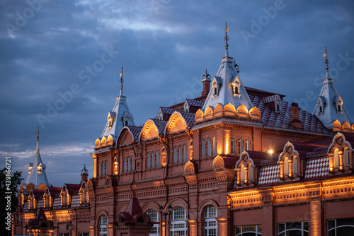 New shopping arcade of the Holy Trinity Sergius Lavra in the evening facade lighting