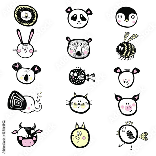 Photography Cute Fifteen Round Black and White Vector Baby Animals Illustration Set