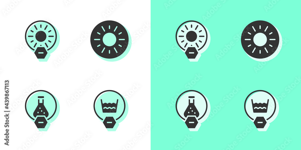 Set Delicate wash, No direct sunlight, Test tube and flask and Sun icon. Vector