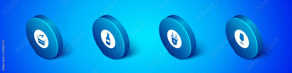 Set Isometric Hand wash laundry, Electric plug, Fragile broken glass and Bottle icon. Vector Set Isometric Hand wash laundry, Electric plug, Fragile broken glass and Bottle icon. Vector