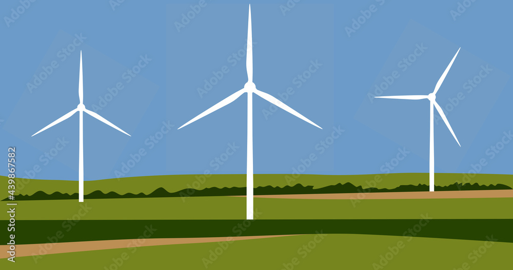 Wind energy illustration. Wind turbines in a green field with blue sky image.