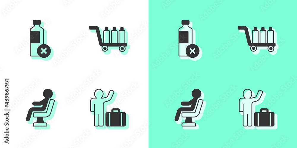 Set Tourist with suitcase, No water bottle, Human waiting in airport terminal and Trolley baggage icon. Vector Set Tourist with suitcase, No water bottle, Human waiting in airport terminal and Trolley baggage icon. Vector