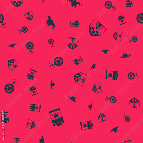 Set Ticket box office, Jester hat with bells, Unicycle or one wheel bicycle and Circus tent on seamless pattern. Vector