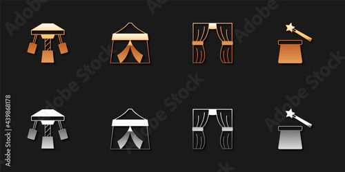 Set Attraction carousel, Circus tent, curtain raises and Magic hat and wand icon. Vector