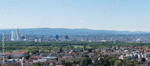 Panoramic view from Tullingen hill in Lörrach. Trinationale agglomeration Basel with Roche Tower in Switzerland und Weil am Rhein in Germany. Jura and Sundgau mountains in the background