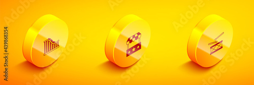 Set Isometric Roller coaster, Ticket box office and Drum with drum sticks icon. Vector