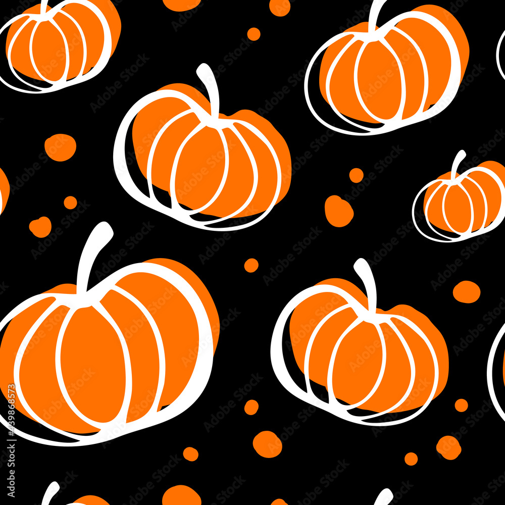 Seamless pattern with orange pumpkins with a white outline and dots on a black background. Pattern for thanksgiving, halloween, gift wrapping, restaurant, cafe, kitchen Seamless pattern with orange pumpkins with a white outline and dots on a black background. Pattern for thanksgiving, halloween, gift wrapping, restaurant, cafe, kitchen
