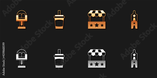 Set Attraction carousel, Paper glass with water, Ticket box office and Circus ticket icon. Vector