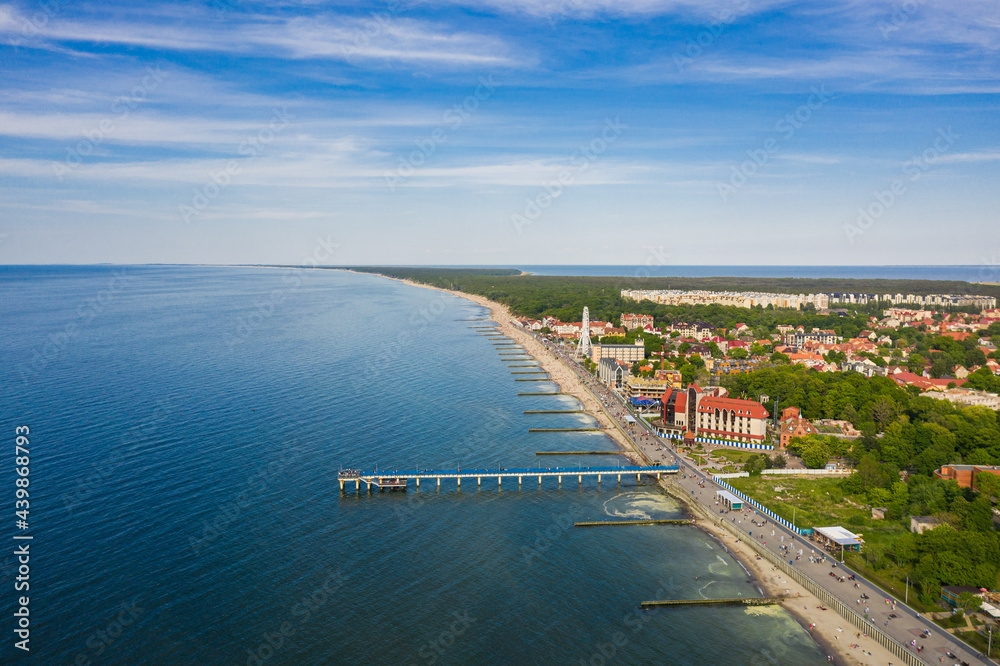 The promenade of Zelenogradsk in the summertime, view from a drone