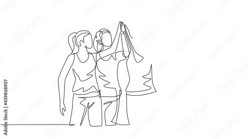 Animation of one line drawing of women giving high five gestures after doing some aerobics exercise at gymnasium together. Fitness concept continuous line self drawing animated. Full length motion. Animation of one line drawing of women giving high five gestures after doing some aerobics exercise at gymnasium together. Fitness concept continuous line self drawing animated. Full length motion.