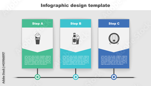 Set Glass of beer, Beer bottle and glass and Wooden barrel. Business infographic template. Vector