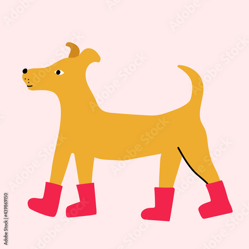 Cute card with dog in boots. Fun print in modern style for nursery, kids clothes, t-shirt and ect.