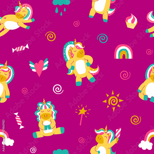 Seamless pattern with cute rainbow unicorns. Trendy print for kids textile design. Vector illustration. © Alisa