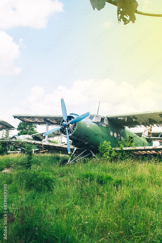 Fototapeta premium A close-up of an old wrecked passenger plane that has been decommissioned and stands for tourists. The fuselage shows traces of rust and chips. Parts of the metal structure are visible on the wings