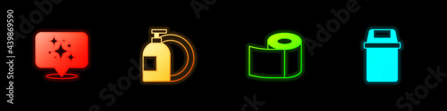 Set Home cleaning service, Dishwashing liquid bottle, Toilet paper roll and Trash can icon. Vector
