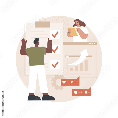 Marketing campaign management abstract concept vector illustration. Marketing strategy execution, campaign efficiency control, tracking and analysis, social media metrics abstract metaphor.