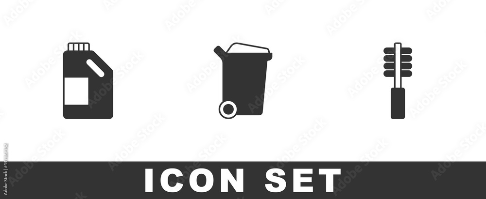Set Bottle for cleaning agent, Trash can and Toilet brush icon. Vector