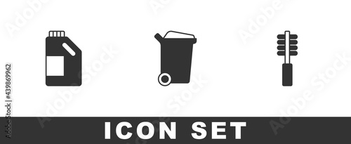Set Bottle for cleaning agent, Trash can and Toilet brush icon. Vector