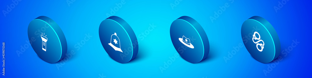 Set Isometric Flashlight, Sheriff hat with badge, Handcuffs and British police helmet icon. Vector Set Isometric Flashlight, Sheriff hat with badge, Handcuffs and British police helmet icon. Vector