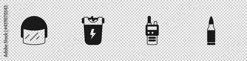 Set Police helmet, electric shocker, Walkie talkie and Bullet icon. Vector