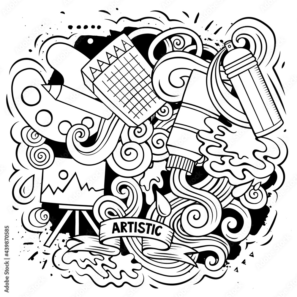 Art vector doodles illustration. Artist elements and objects cartoon background. Art vector doodles illustration. Artist elements and objects cartoon background.
