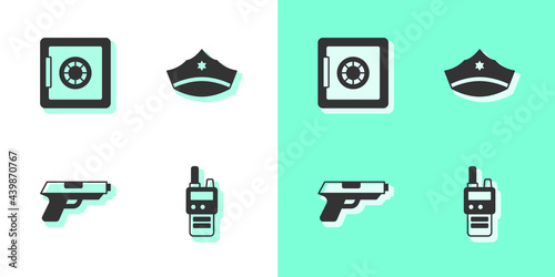Set Walkie talkie, Safe, Pistol or gun and Police cap with cockade icon. Vector