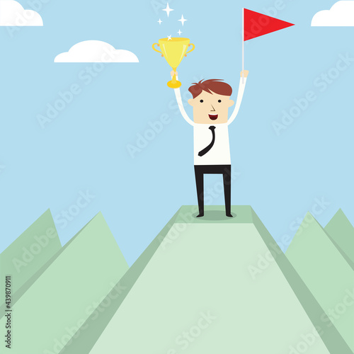 Business people holding trophy and winner flag,vector  achievement concept