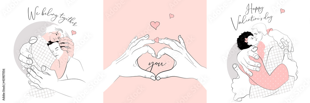 Hugging man and girl. Lovers. Embrace one another. Gesture heart fingers. Character design. Set collection. Flat Vector Illustration. Hugging man and girl. Lovers. Embrace one another. Gesture heart fingers. Character design. Set collection. Flat Vector Illustration.