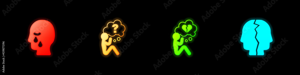 Set Man graves funeral sorrow, Head with question mark, Broken heart divorce and Bipolar disorder icon. Vector
